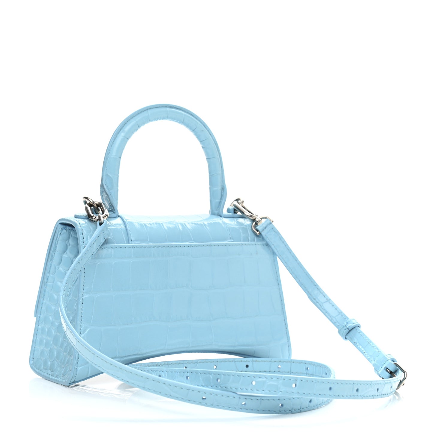 Shiny Calfskin Crocodile Embossed Hourglass Top Handle Bag XS Azur