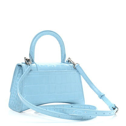 Balenciaga Shiny Calfskin Crocodile Embossed Hourglass Top Handle Bag XS Azur 3 of 11