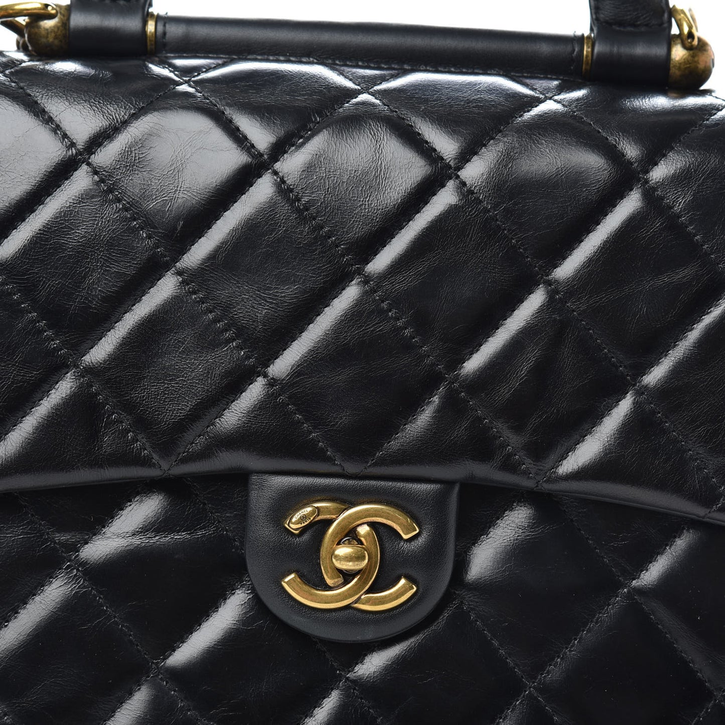 Glazed Calfskin Quilted Medium Gold Bar Top Handle Flap Black