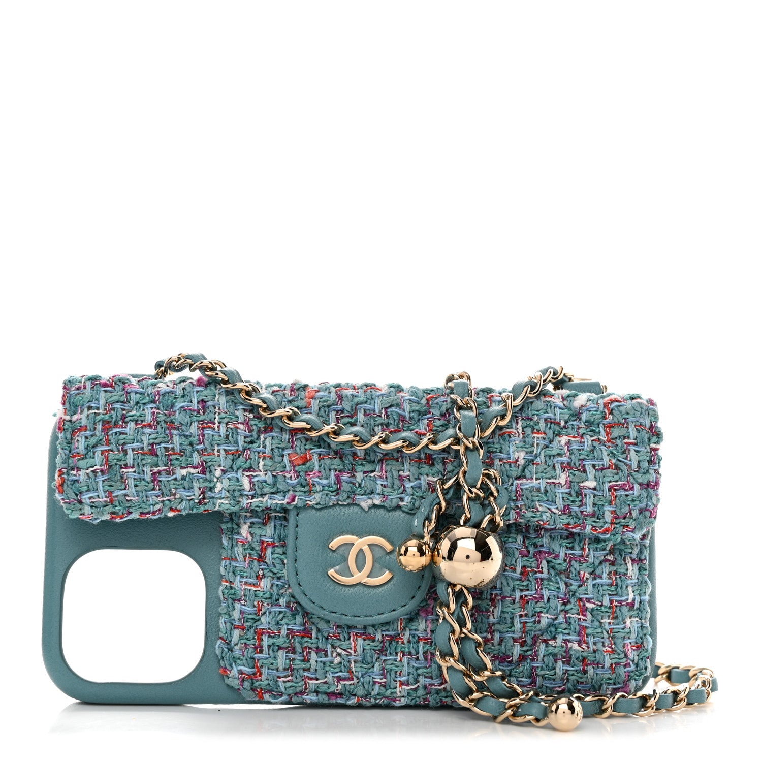 Chanel Tweed Quilted iPhone XII Pro Case With Chain Turquoise Purple White Red 1 of 10