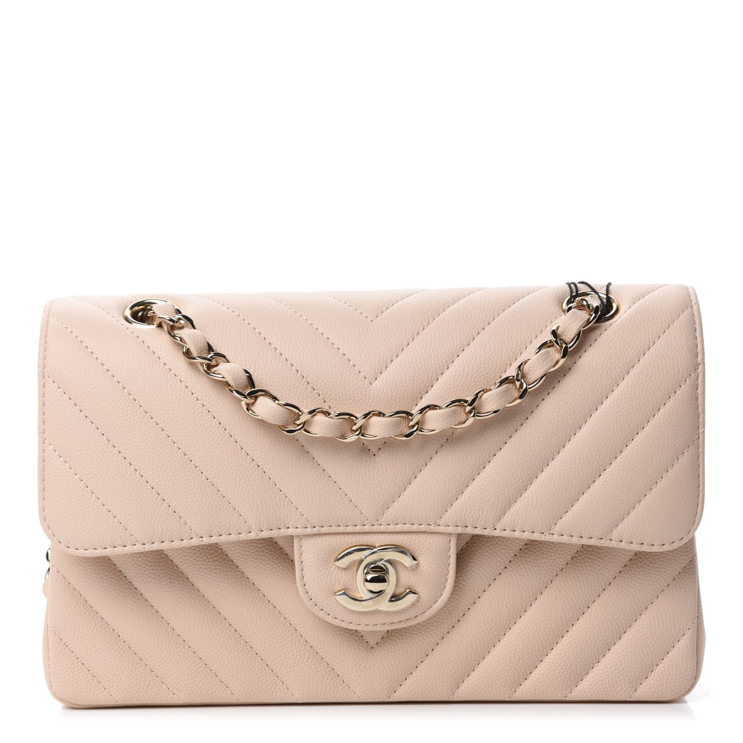 Caviar Chevron Quilted Small Double Flap Beige