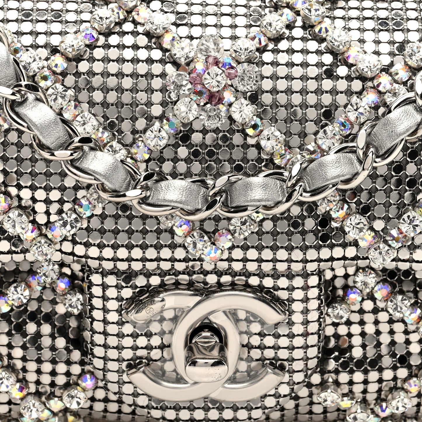 Chain Mail Crystal Quilted Mini Flap Argent