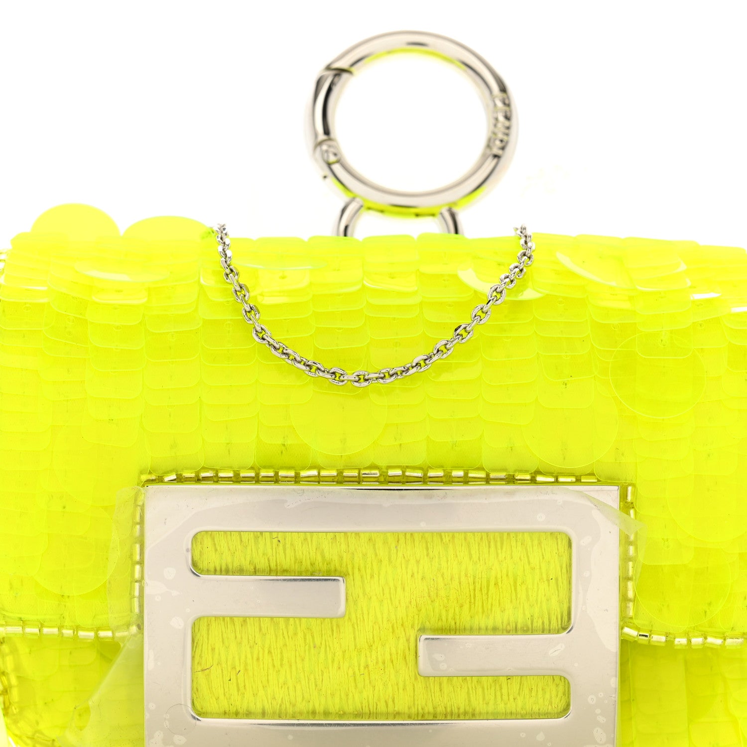 Fendi Transparent Paillettes Vitello King Nano Maxi Buckle Baguette Charm Yellow Fluo 8 of 11
