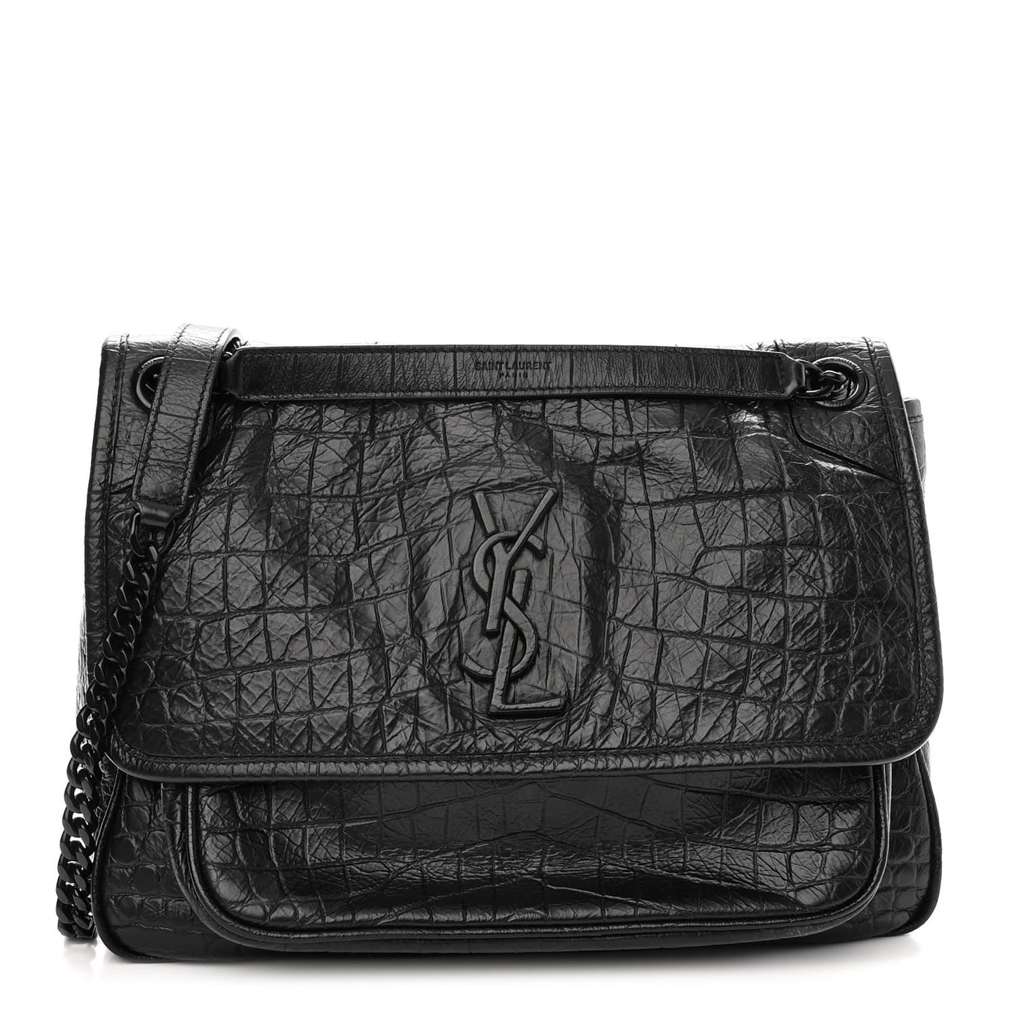 Crocodile Embossed Lambskin Monogram Medium Niki Chain Satchel Black