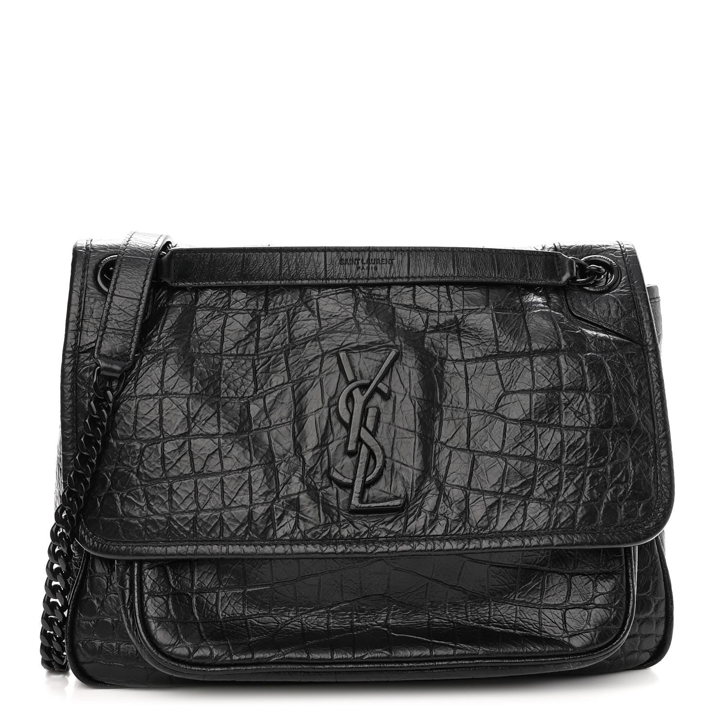 Saint Laurent Crocodile Embossed Lambskin Monogram Medium Niki Chain Satchel Black 1 of 9