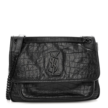 Saint Laurent Crocodile Embossed Lambskin Monogram Medium Niki Chain Satchel Black 1 of 9