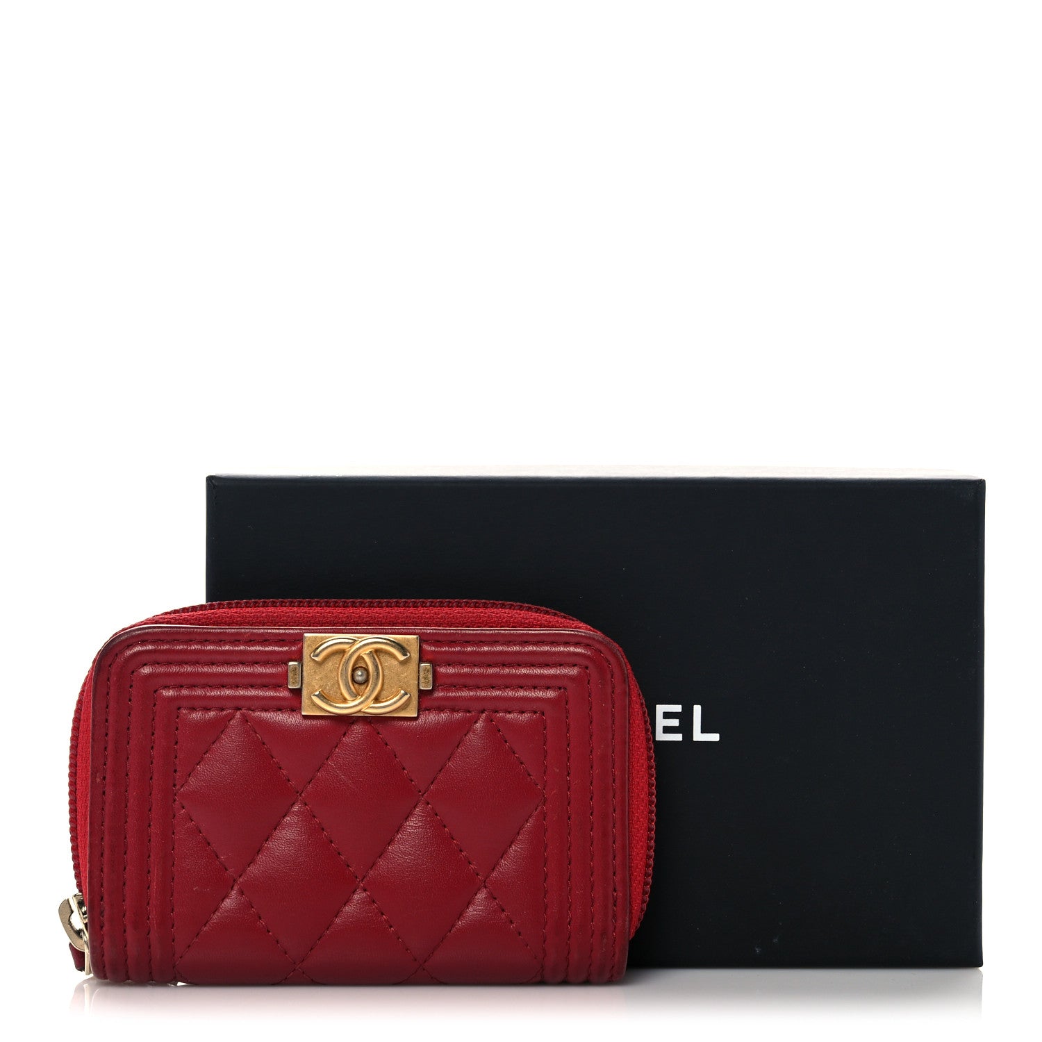 Chanel Lambskin Quilted Boy Zip Around Coin Purse Wallet Red 14 of 14