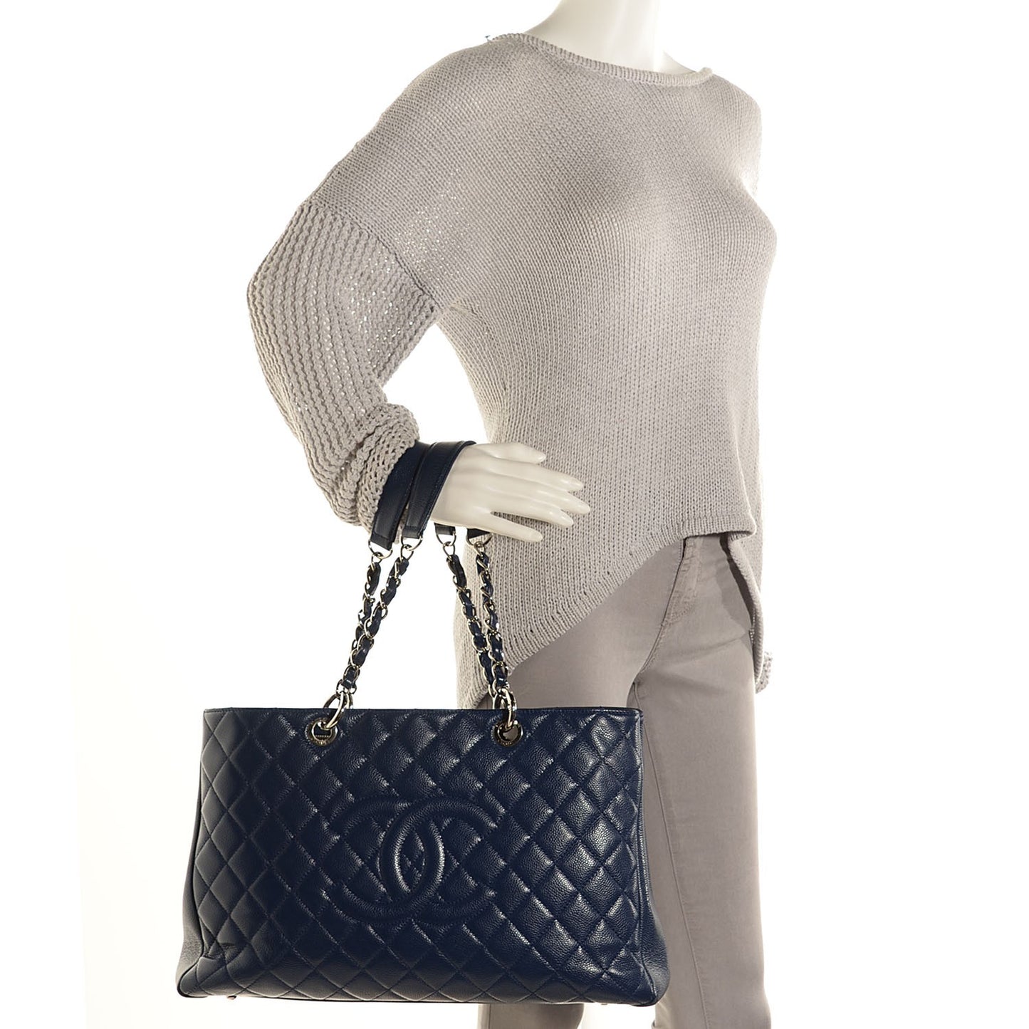 Caviar Quilted XL Grand Shopping Tote GST Navy Blue