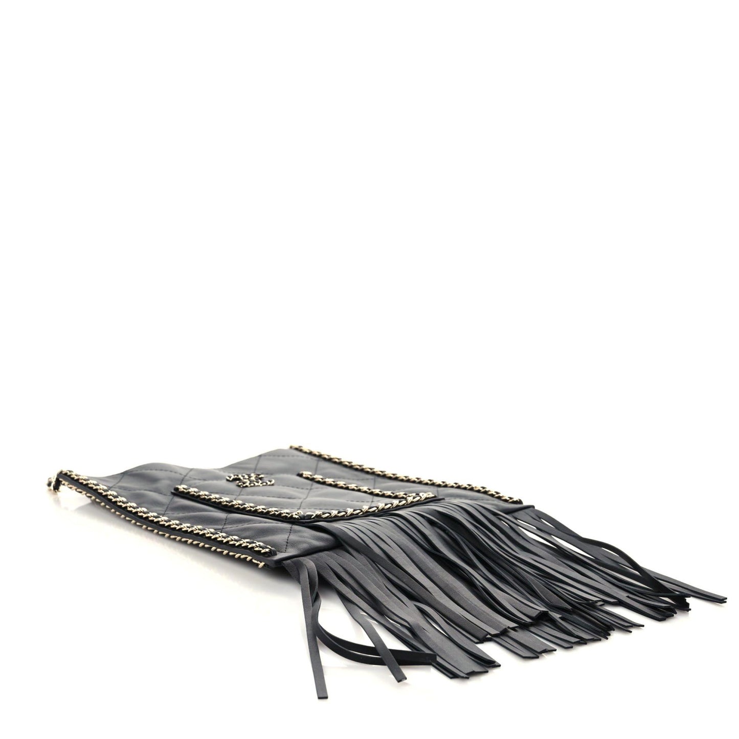 Calfskin Quilted Fringe Small Shopping Bag Black