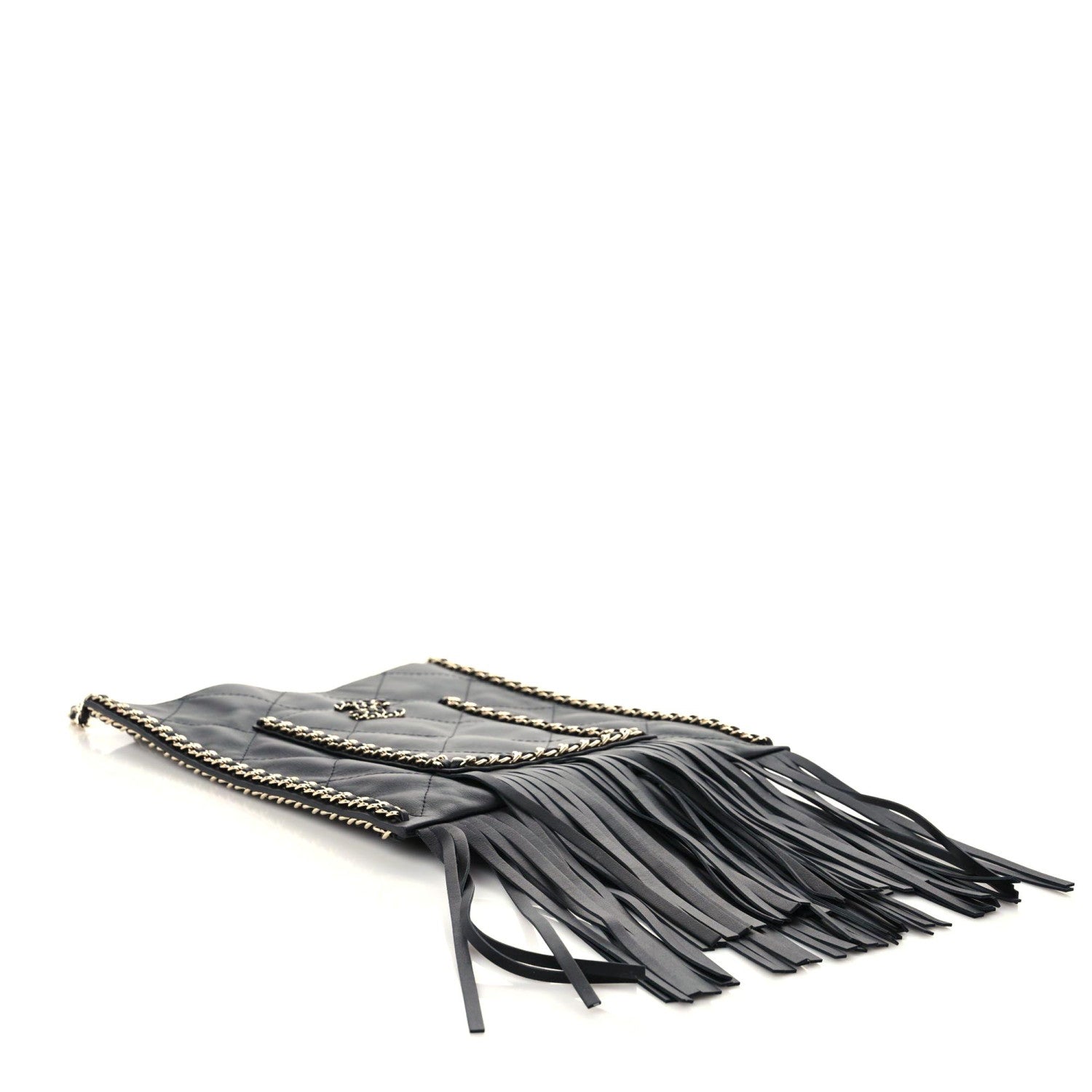 Chanel Calfskin Quilted Fringe Small Shopping Bag Black 4 of 9
