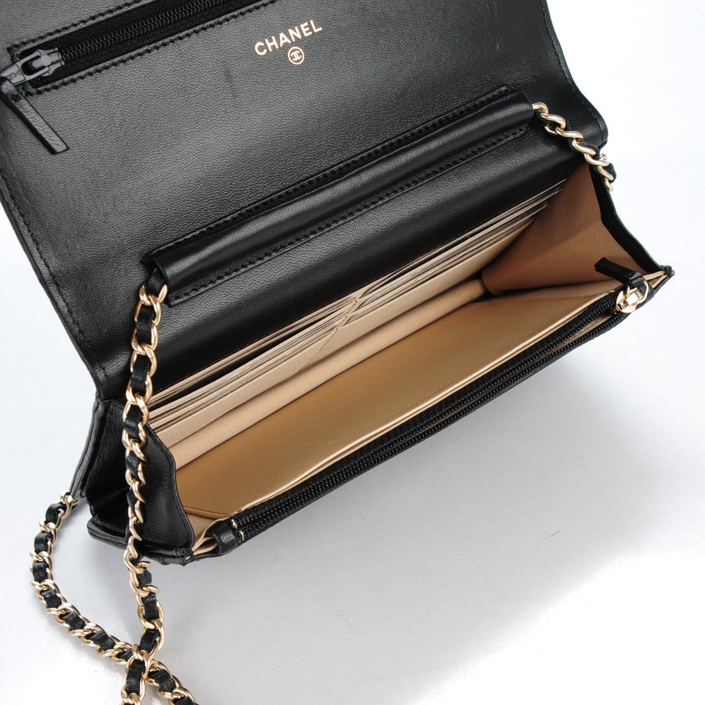 Lambskin Camellia Embossed Wallet on Chain WOC Black