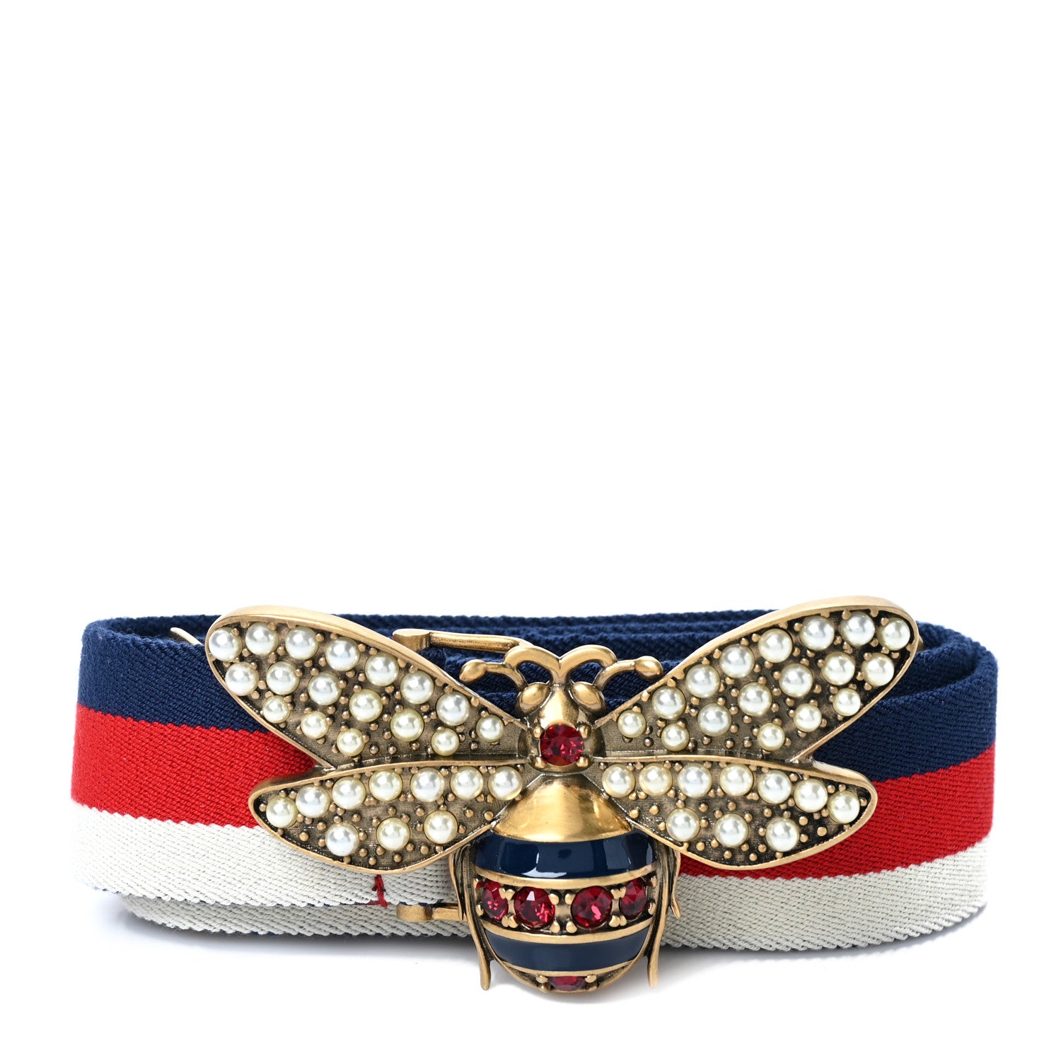 Gucci Canvas Web Queen Margaret Bee Belt 85 34 Red Navy 1 of 4