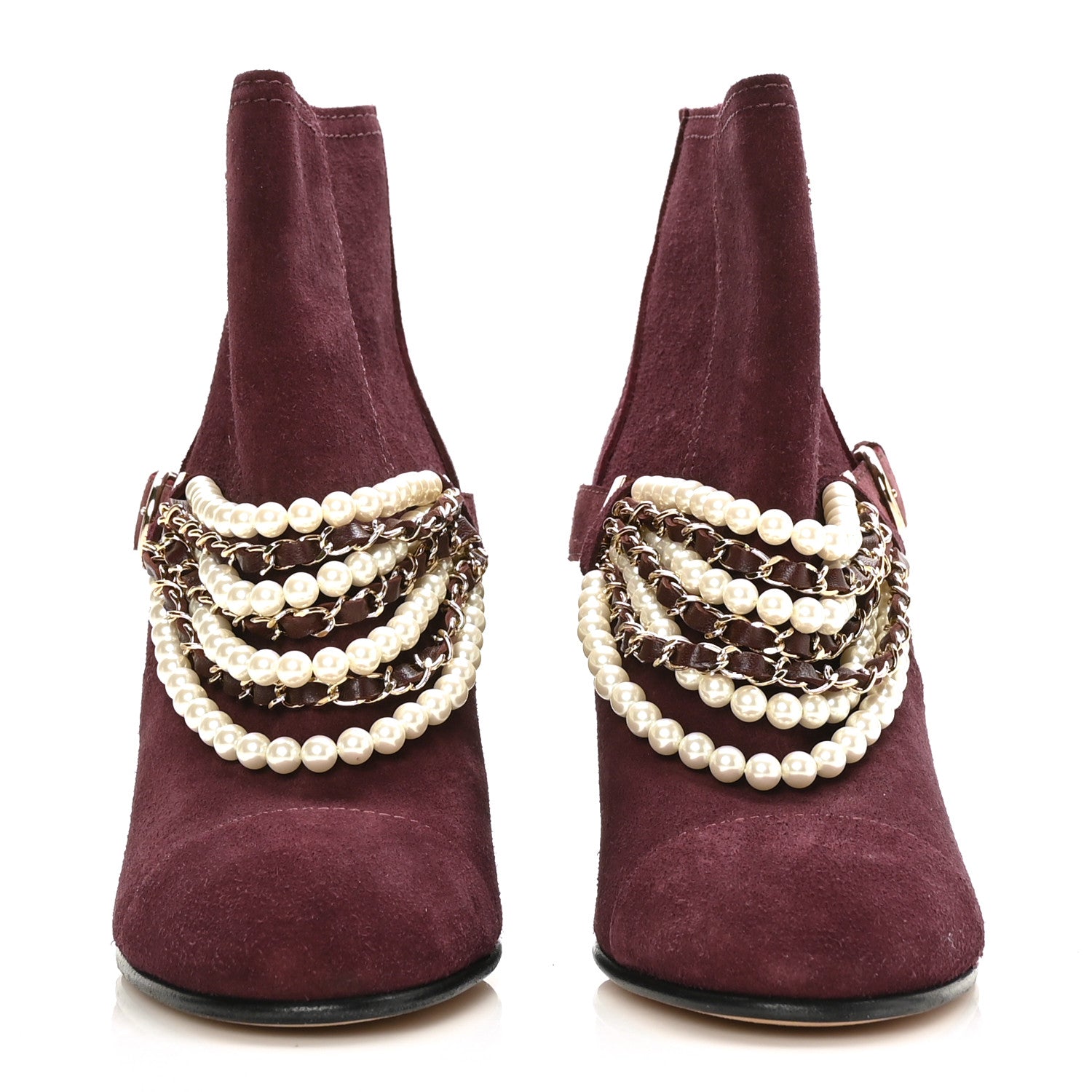 Chanel Suede Calfskin Pearl Cap Toe Short Boots 41 Burgundy 2 of 8