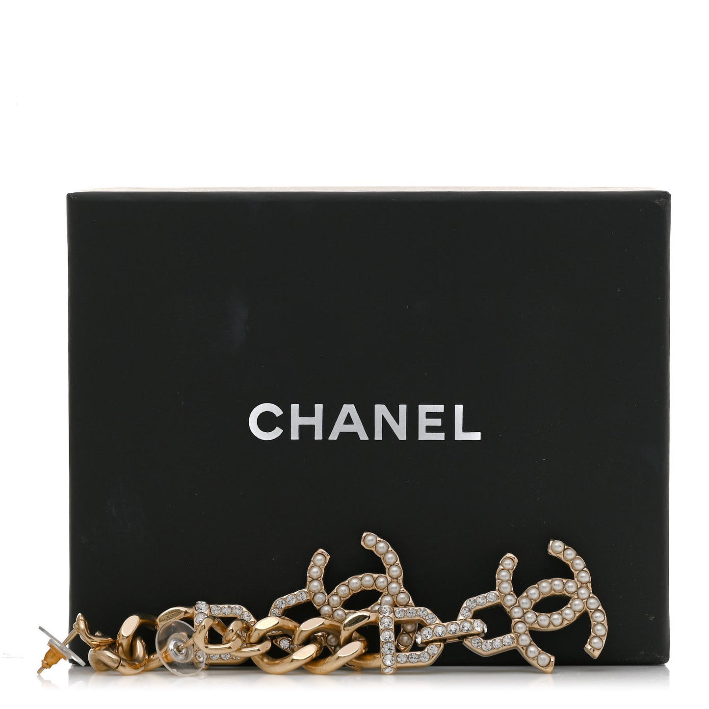 Pearl Crystal CC Chain Link Drop Earrings Gold