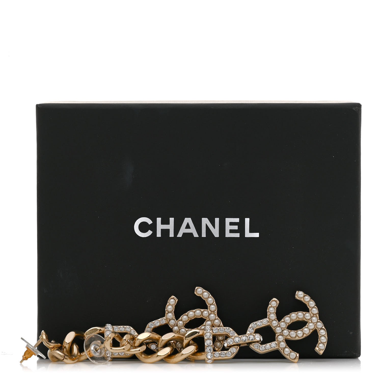 Chanel Pearl Crystal CC Chain Link Drop Earrings Gold 5 of 5