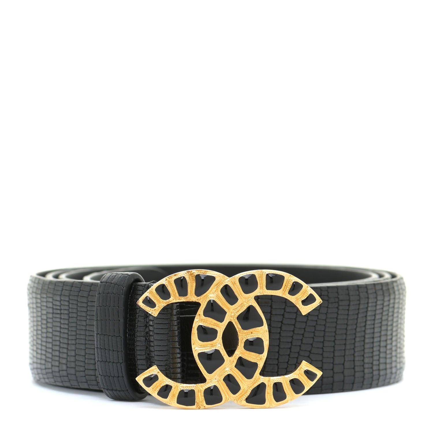 Chanel Lizard Embossed Calfskin Gripoix Poured Glass Along The Nile CC Belt 95 38 Black 1 of 5