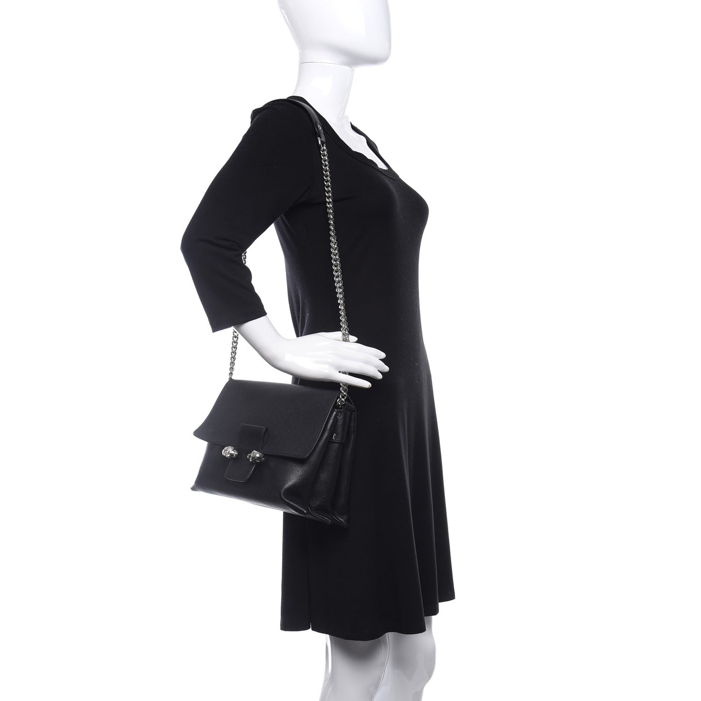 Grained Calfskin Twin Skull Crossbody Black