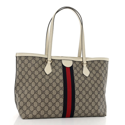 Gucci GG Supreme Monogram Textured Dollar Calfskin Web Medium Ophidia Shopping Tote Beige Ebony Mystic White 3 of 10