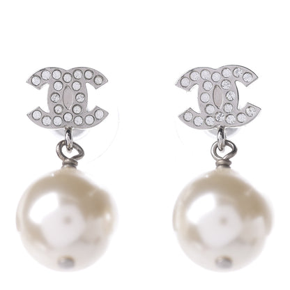 Chanel Crystal Pearl CC Drop Earrings Silver 1 of 3