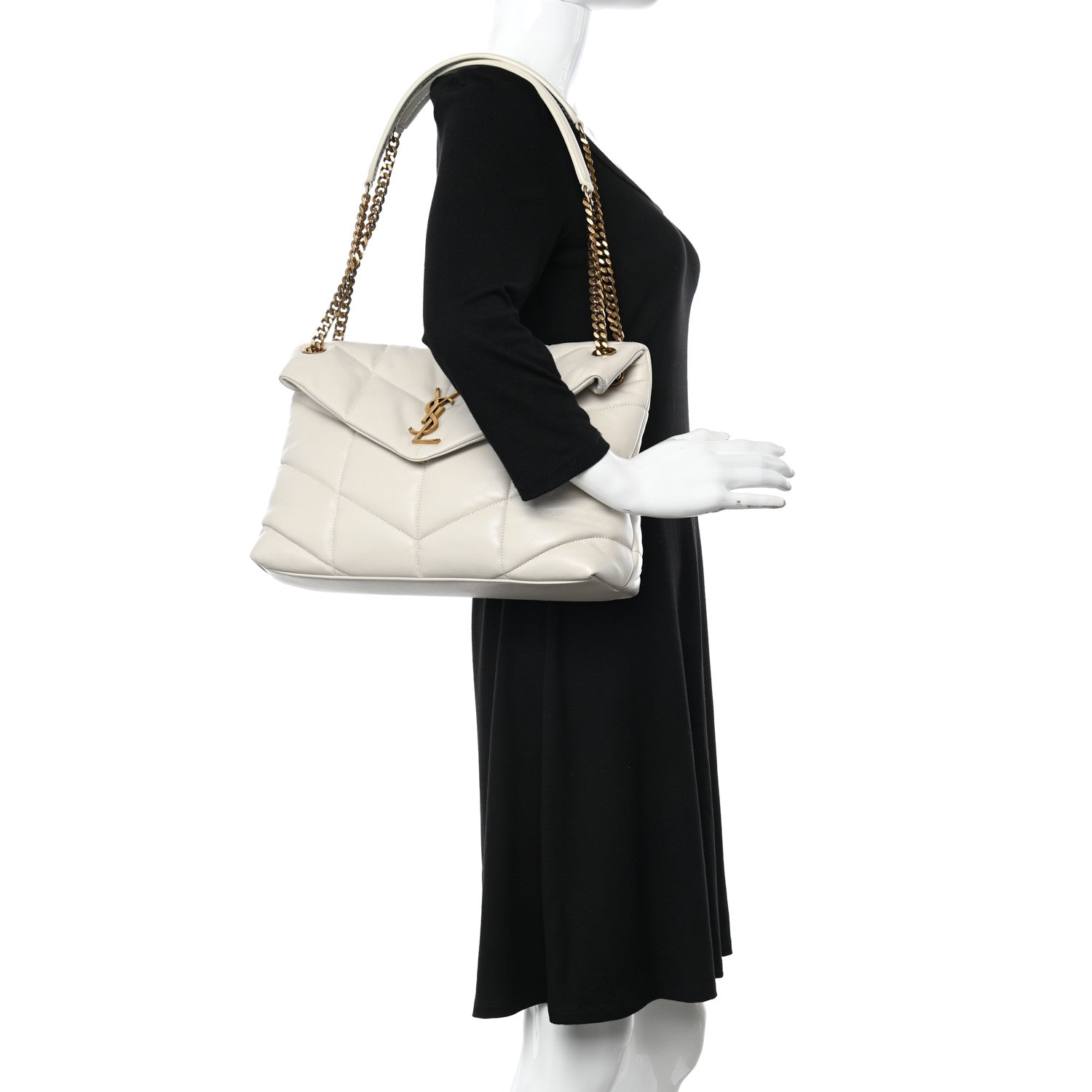 Saint Laurent Lambskin Quilted Medium Loulou Puffer Monogram Chain Satchel Crema Soft 2 of 11