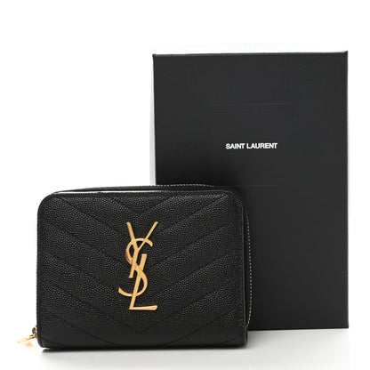 Saint Laurent Grain De Poudre Matelasse Chevron Monogram Compact Zip Around Wallet Black 8 of 8