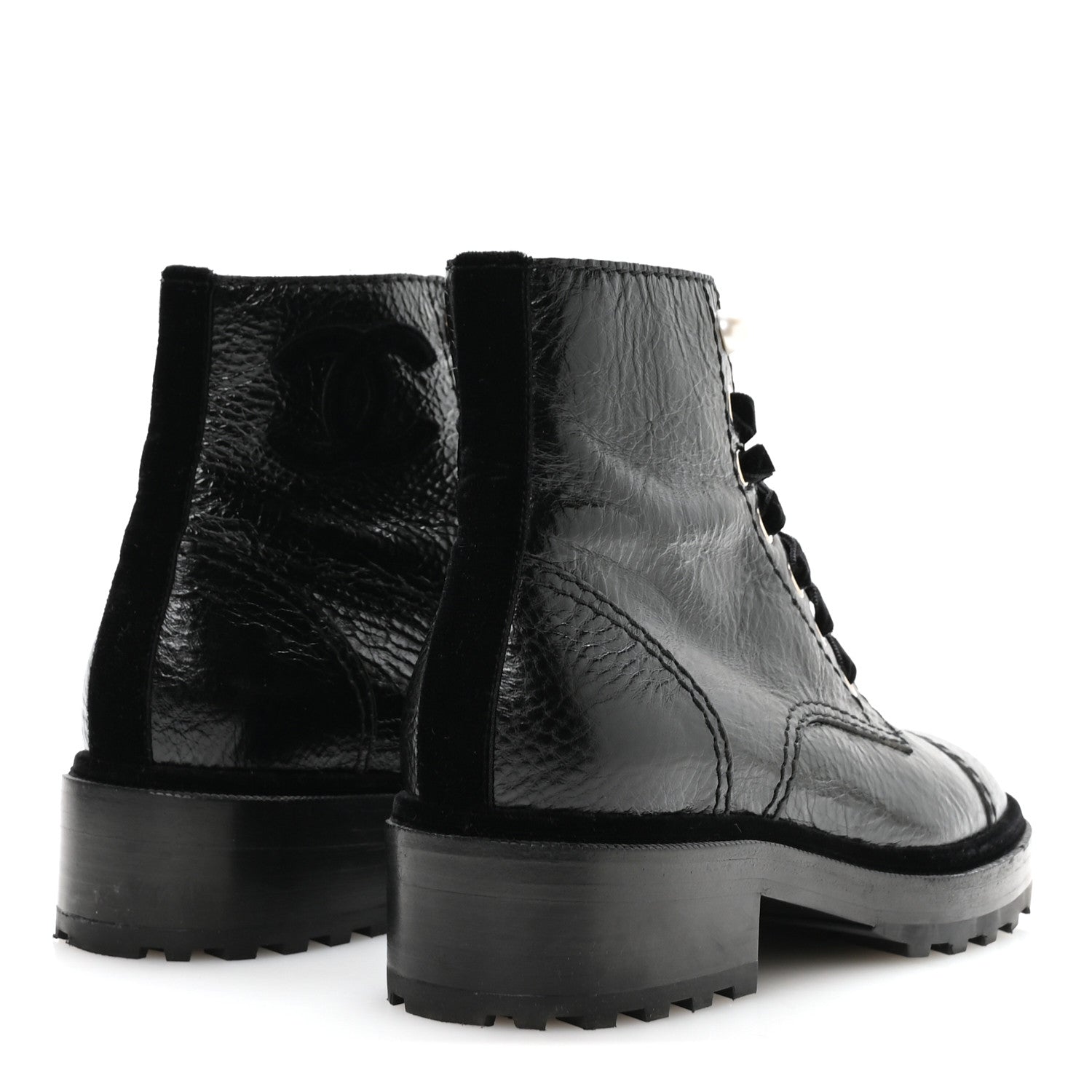 Chanel Shiny Calfskin Velvet Pearl Combat Short Boots 37.5 Black 5 of 9