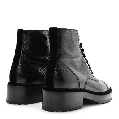 Chanel Shiny Calfskin Velvet Pearl Combat Short Boots 37.5 Black 5 of 9