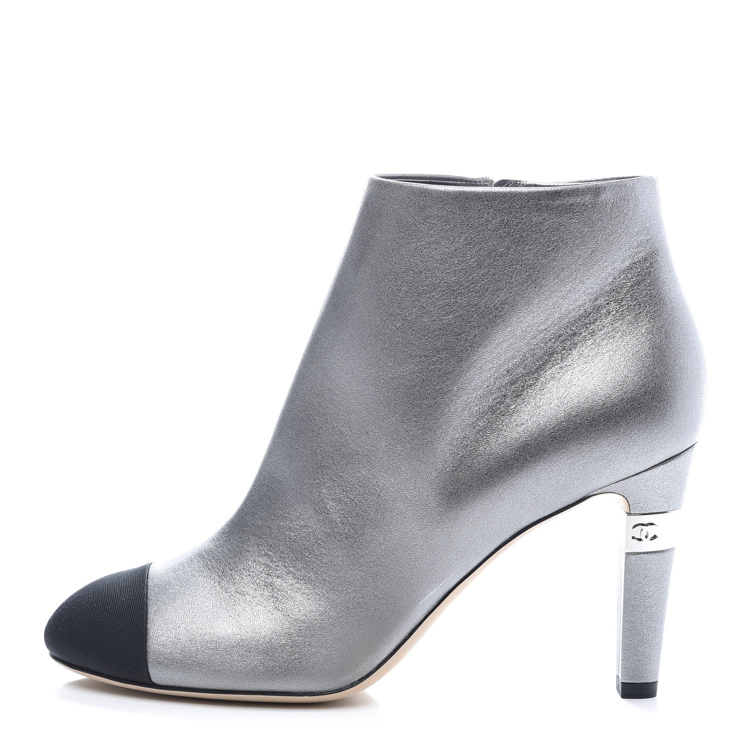 Chanel Lambskin Grosgrain Cap Toe CC Short Ankle Boots 39.5 Silver Black 1 of 9