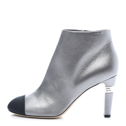 Chanel Lambskin Grosgrain Cap Toe CC Short Ankle Boots 39.5 Silver Black 1 of 9