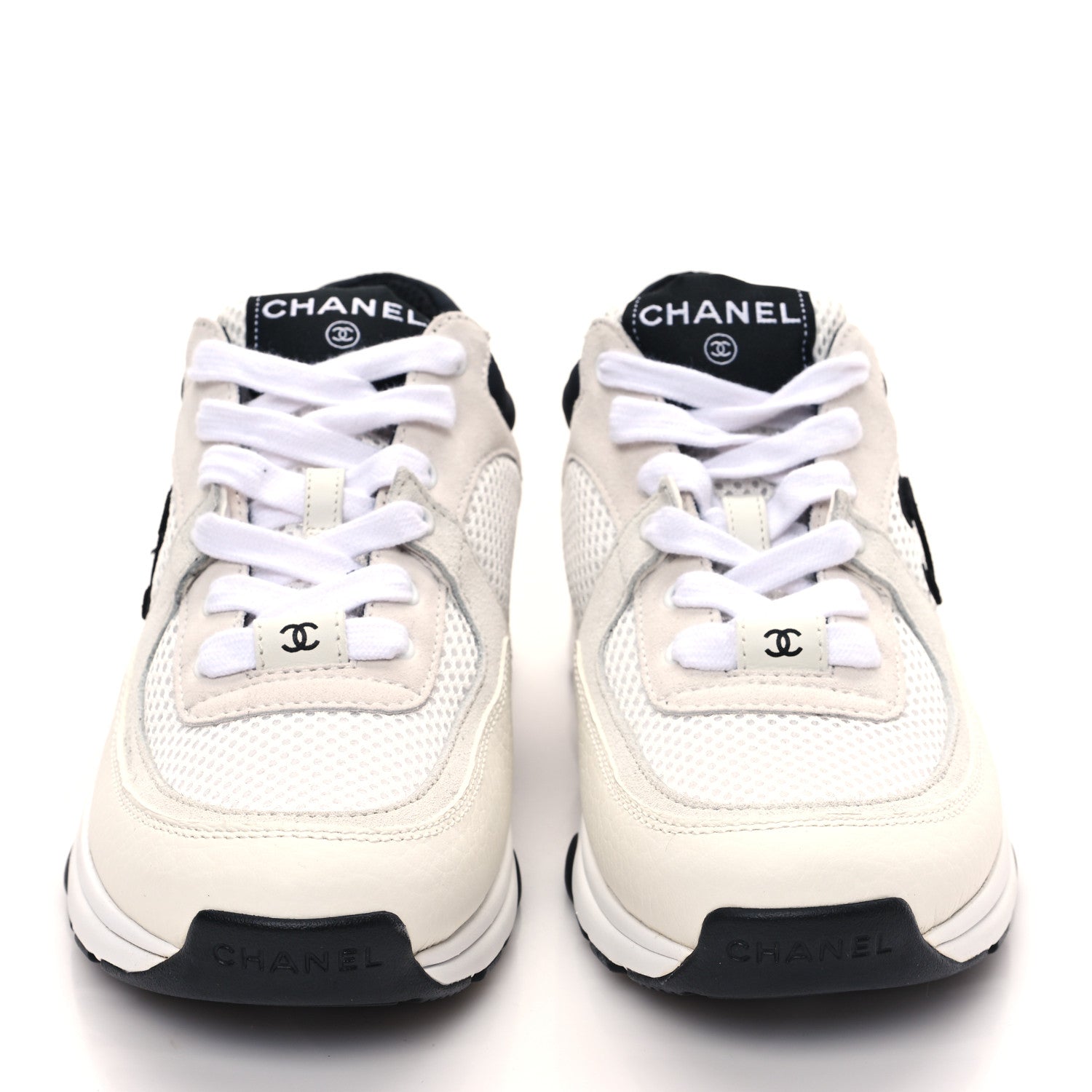 Chanel Mesh Suede Calfskin Grained Calfskin Womens CC Sneakers 37 White Black 2 of 10