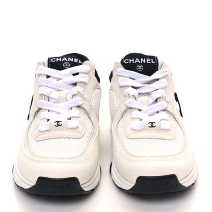 Chanel Mesh Suede Calfskin Grained Calfskin Womens CC Sneakers 37 White Black 2 of 10