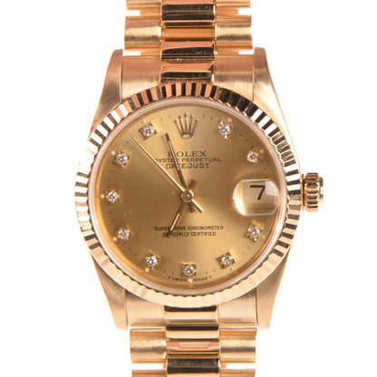 Rolex 18K Yellow Gold Diamond 31mm Oyster Perpetual Datejust President Watch Champagne 68278 1 of 10