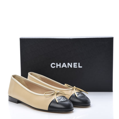 Chanel Lambskin CC Cap Toe Ballerina Flats 37.5 Beige Black 8 of 8