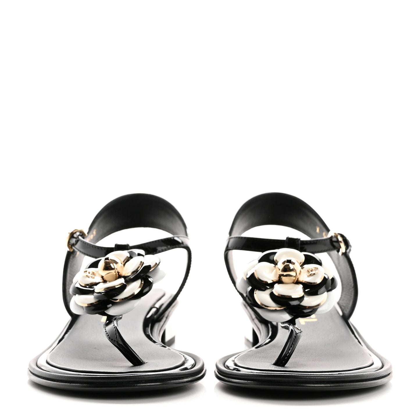 Patent Calfskin Camellia Thong Sandals 38 Black White