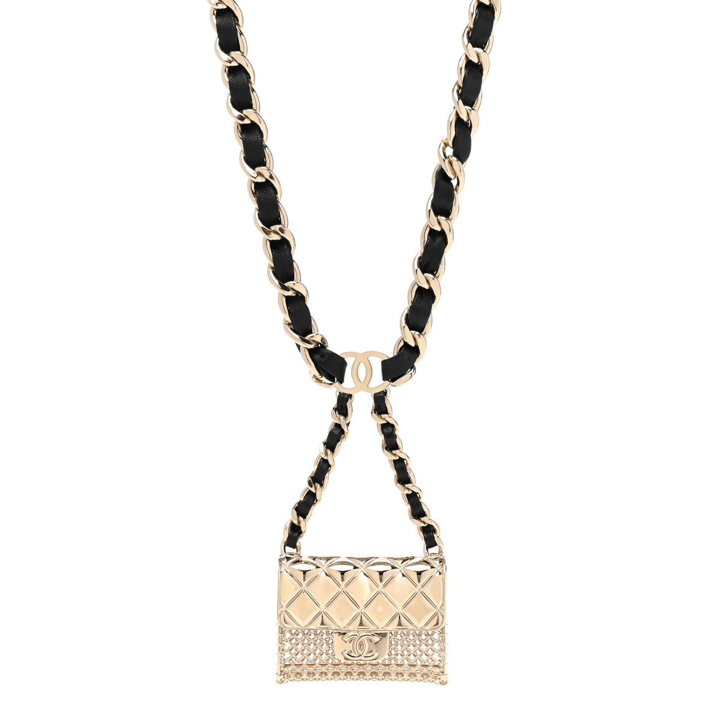 Metal Lambskin Pearl Chain Flap Bag Long Necklace Gold Black Pearly White