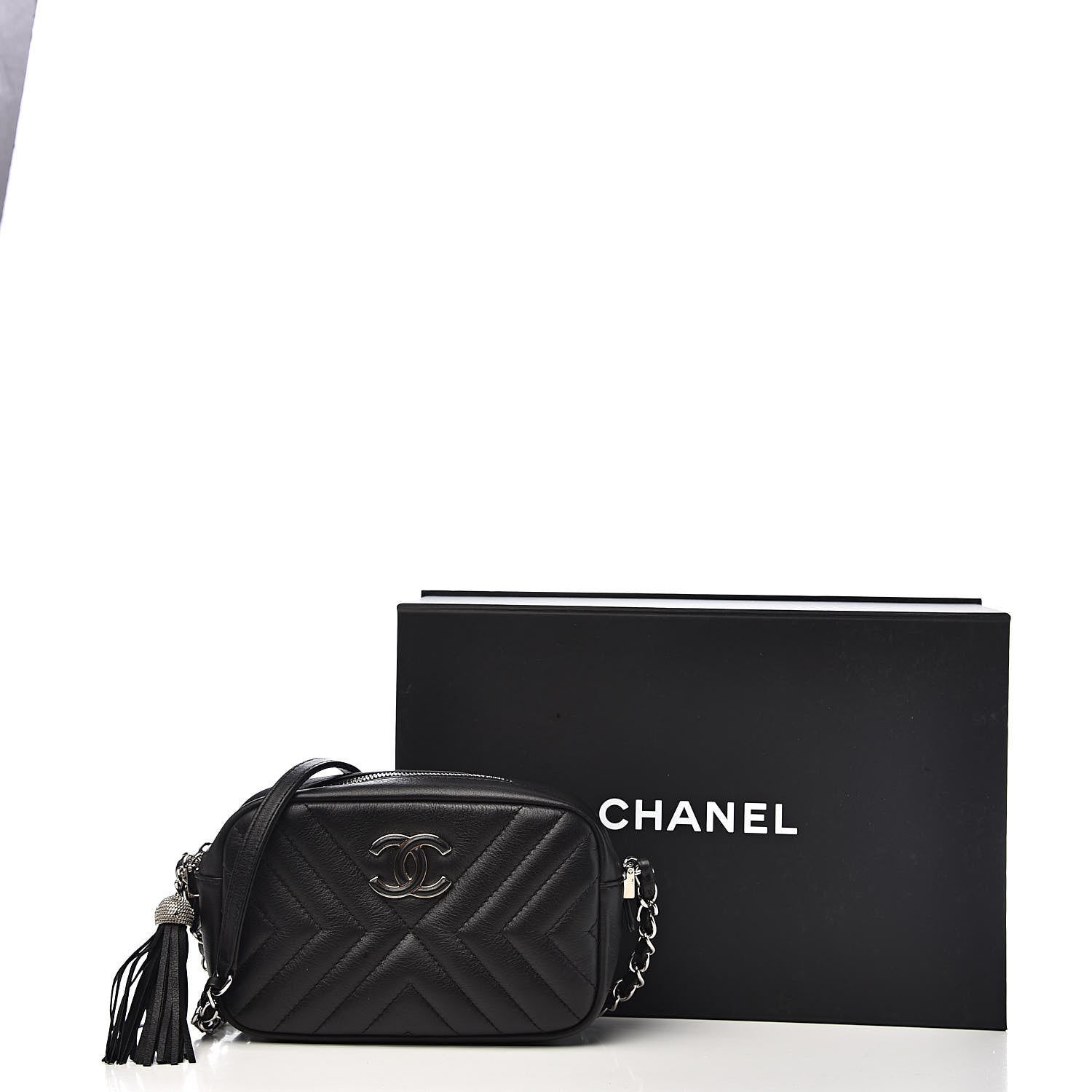 Chanel Lambskin Diagonal Chevron Quilted Tassel Camera Case Black 11 of 12