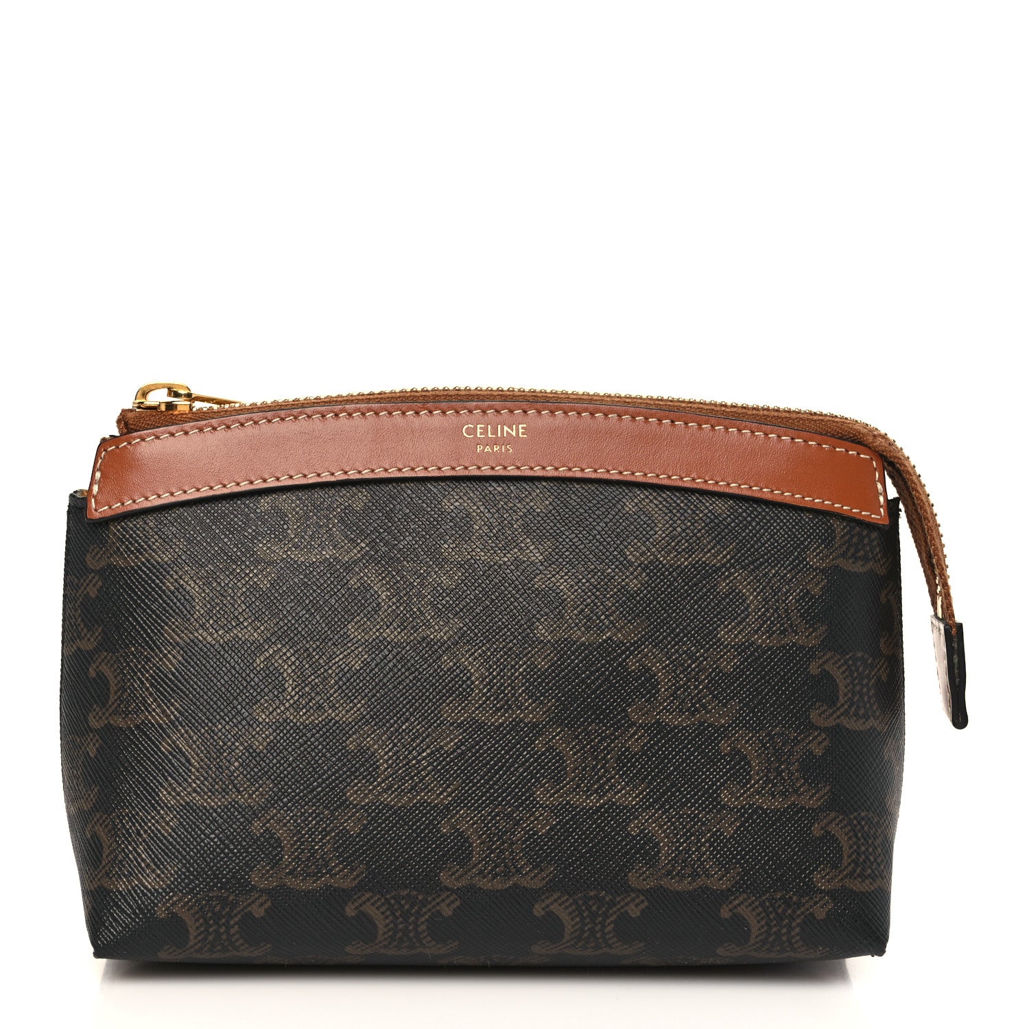 Celine Triomphe Canvas Calfskin Small Zipped Pouch Tan 1 of 8