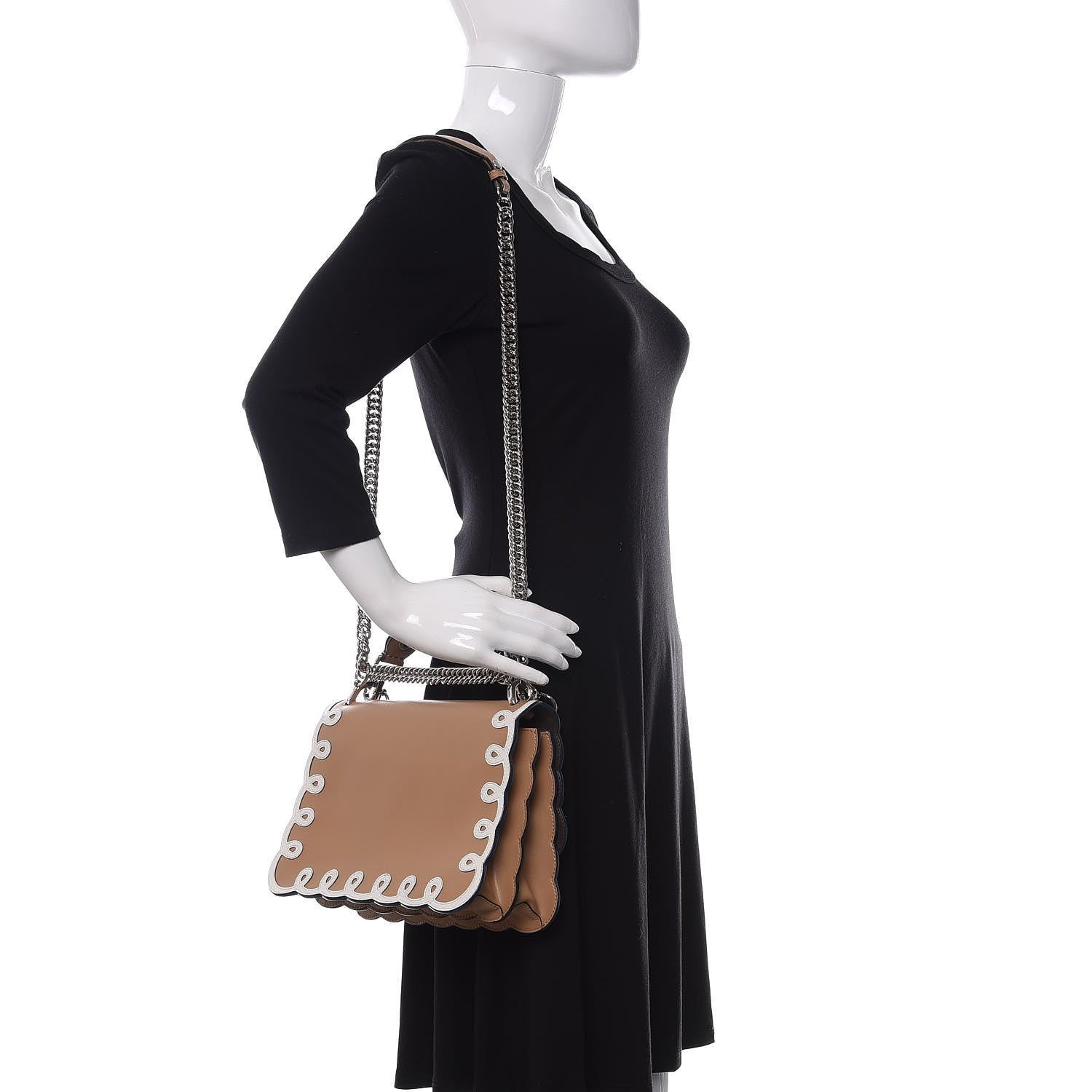 Fendi Vitello Liberty Dolce Scalloped Studded Scrollwork Kan I Shoulder Bag Cuoio White 2 of 9