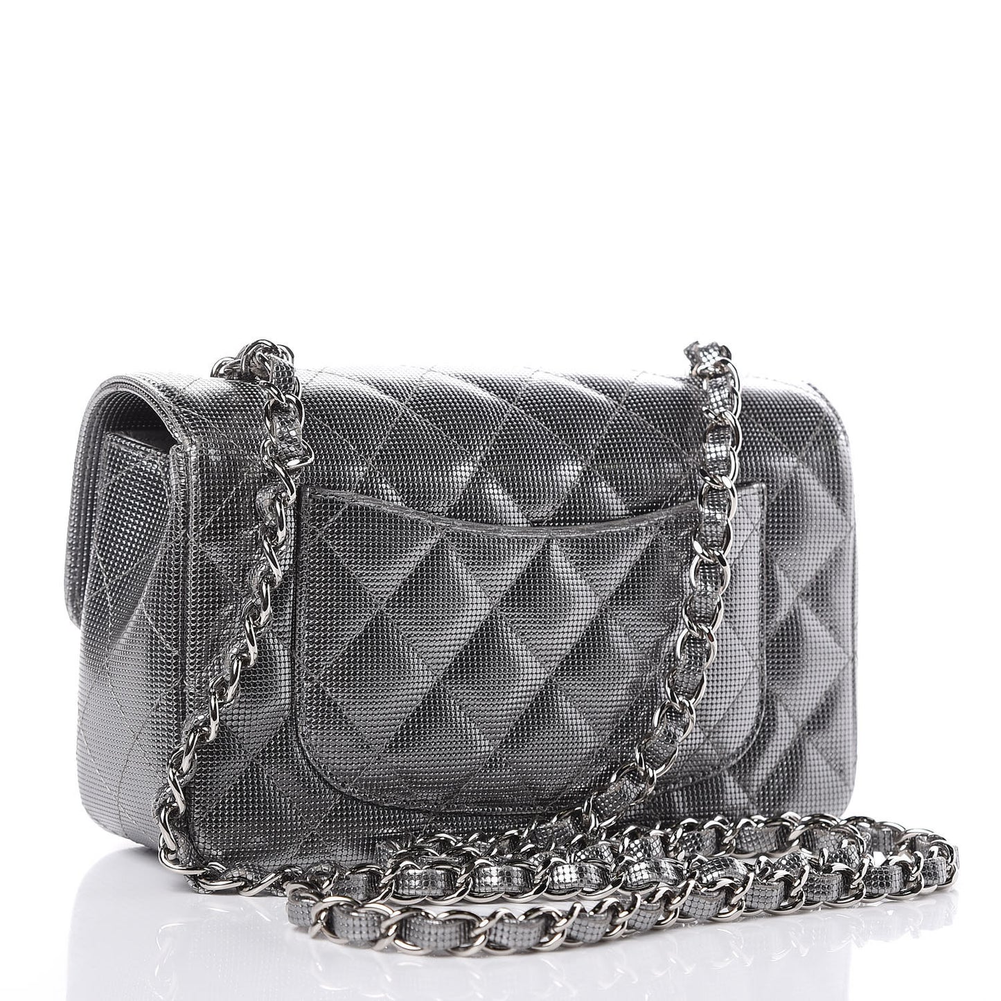 Metallic Calfskin Quilted Pixel Effect Mini Rectangular Flap Dark Silver