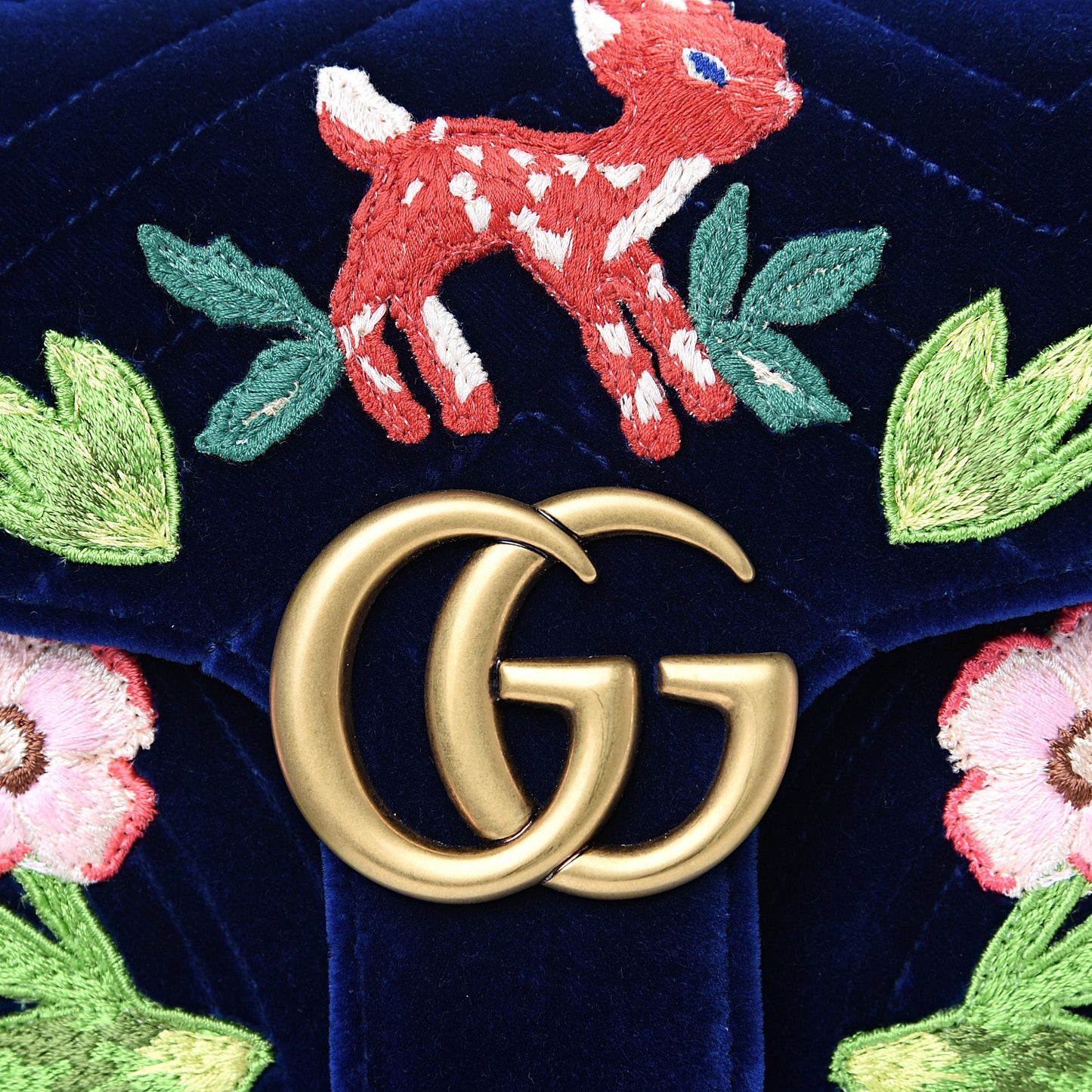 Velvet Matelasse Deer Embroidered Small GG Marmont Shoulder Bag Cobalt
