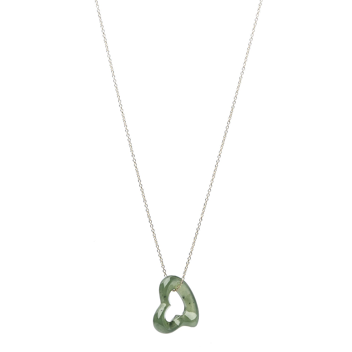 Tiffany 18K Yellow Gold Jade 23mm Elsa Peretti Open Heart Pendant Necklace 1 of 8