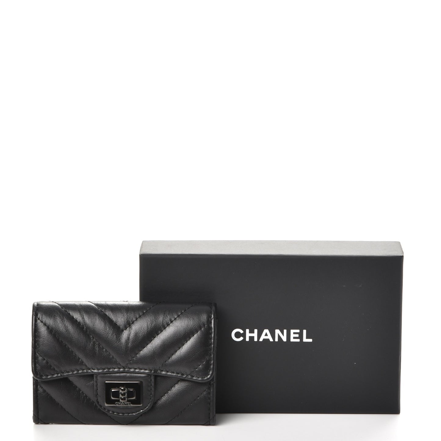 Aged Calfskin Chevron Quilted Card Holder Wallet So Black