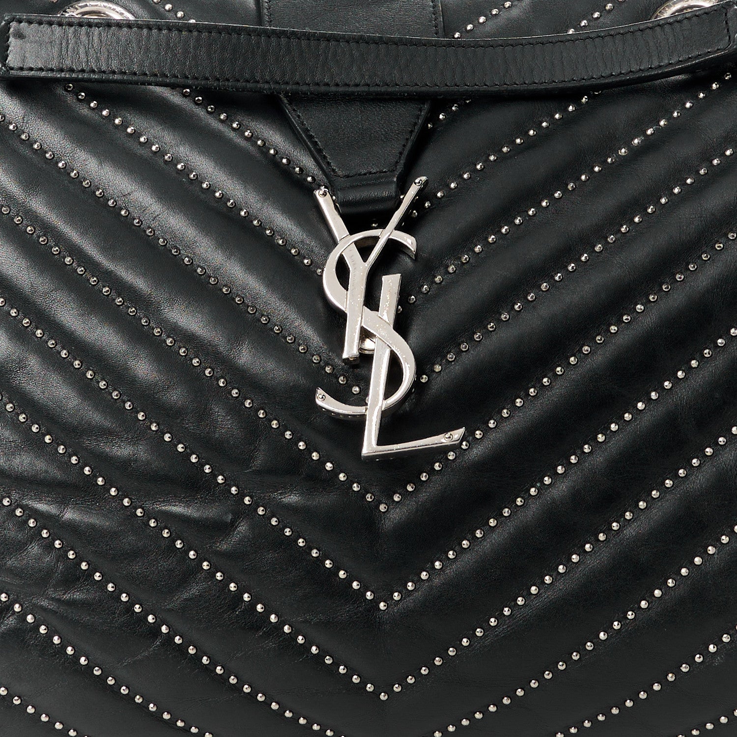 Saint Laurent Lambskin Matelasse Studded Chevron Monogram Shopping Bag Black 9 of 14