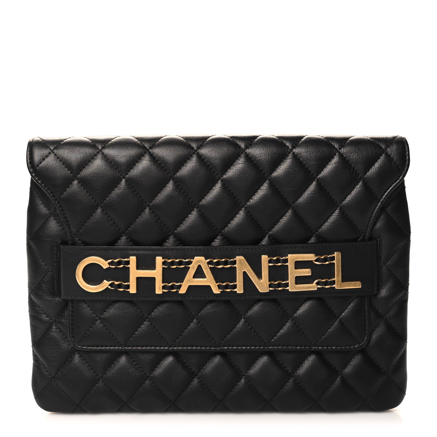 Chanel Calfskin Quilted Front Logo Enchained Clutch Black 1 of 11