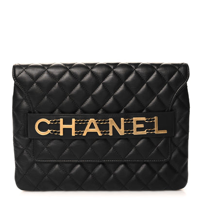 Chanel Calfskin Quilted Front Logo Enchained Clutch Black 1 of 11