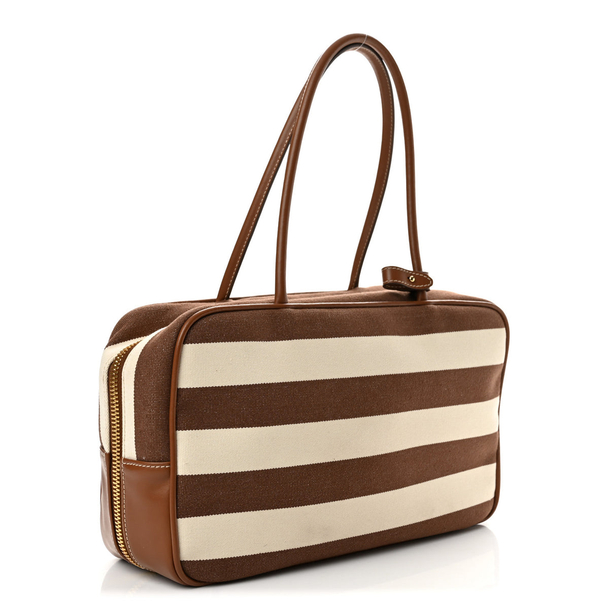 Canvas Calfskin Striped Large Beau Top Handle Bag Cacao Naturale