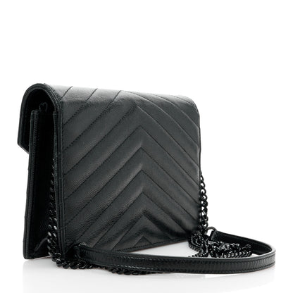 Saint Laurent Grain De Poudre Matelasse Chevron Monogram Monochrome Envelope Chain Wallet Black 3 of 11