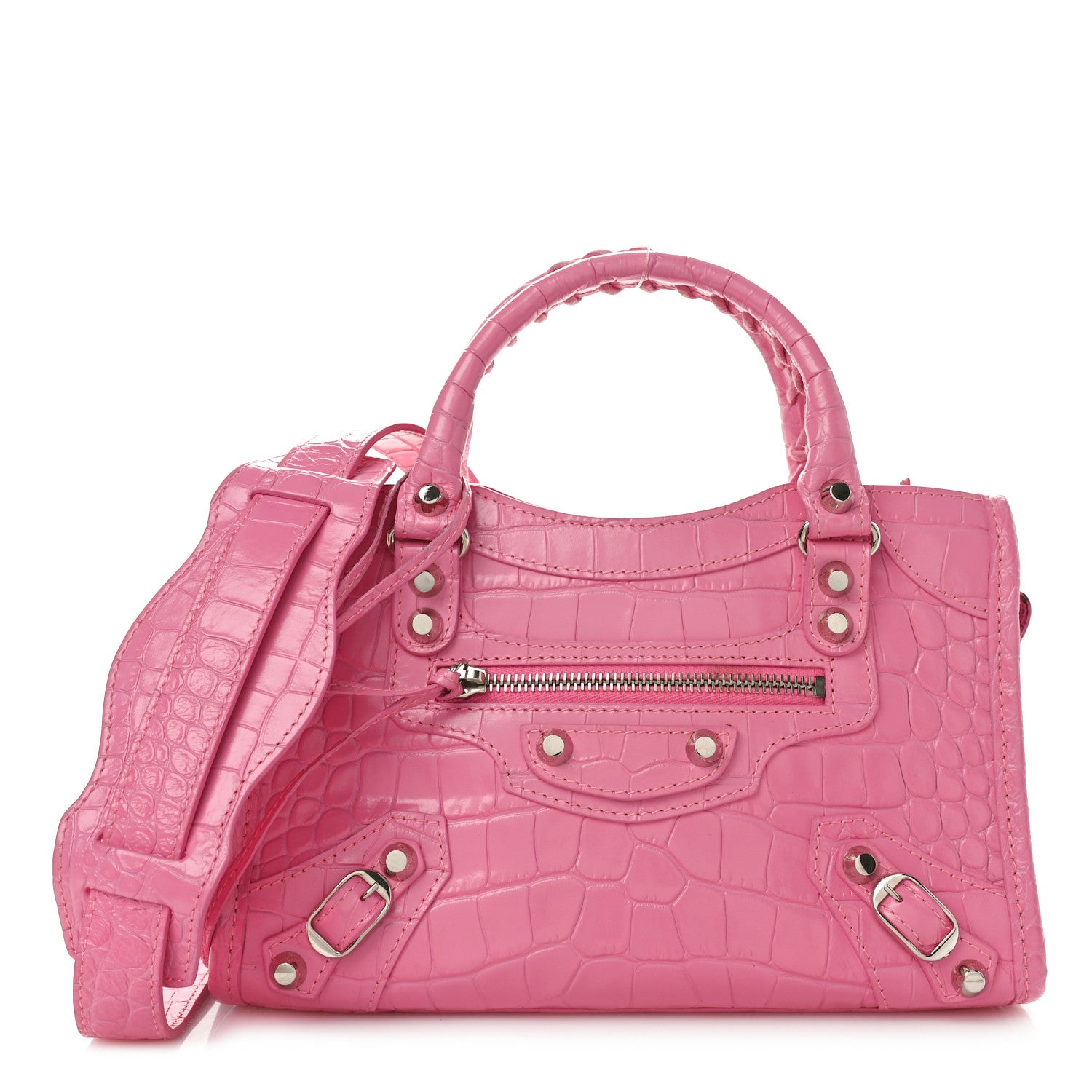 Balenciaga Shiny Supple Calfskin Crocodile Embossed Classic Silver Hardware Mini City Baby Pink 1 of 11