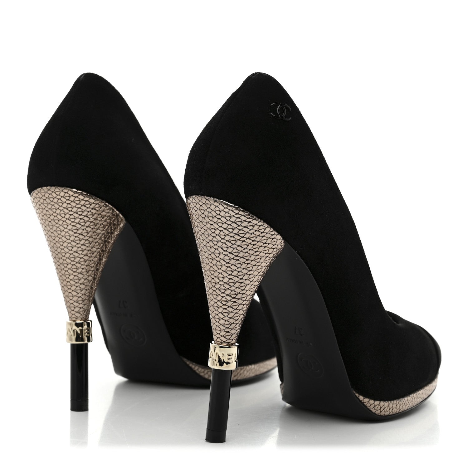 Chanel Suede Calfskin Satin Cap Toe CC Pumps 37 Black 5 of 10