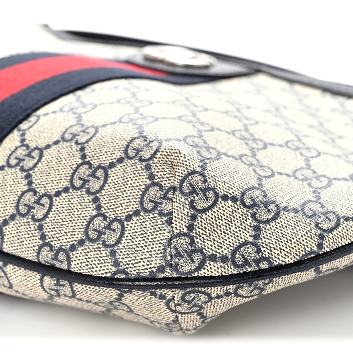 GG Supreme Monogram Textured Dollar Calfskin Web Small Ophidia Half Moon Hobo Beige Blue